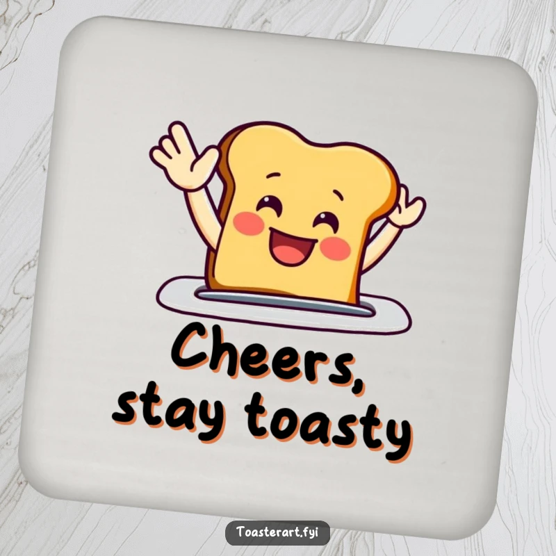 Funny drink coaster with a grinning toast slice enthusiastically waving from a toaster slot, adding a cheerful touch to drink service.