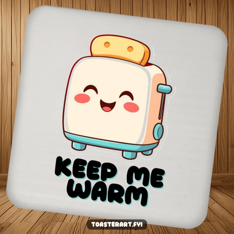 Funny toaster drink coaster featuring a smiling toaster character glowing warmly with pride, protecting surfaces with humor.
