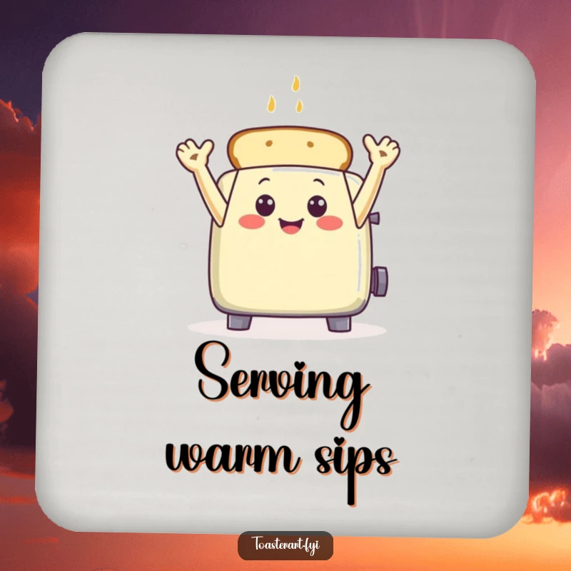 Funny toaster character waving with toast arms on a drink coaster, a humorous and protective accessory.