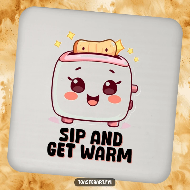 Funny Drink Coasters: A delighted toaster character glows happily, protecting tables with cheerful, radiant art.
