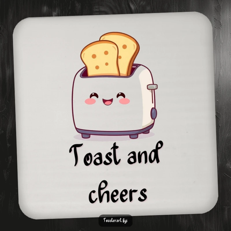 Funny drink coaster showing a smiling toaster character popping toast slices, protecting furniture with charm and breakfast delight.