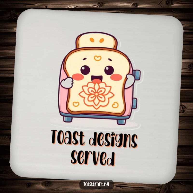 Funny coaster set depicting a cheerful toaster character creating toast art, adding humorous protection to surfaces.