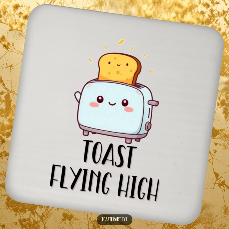 Funny kawaii toaster character launching golden toast high into the air, a humorous and protective coaster.
