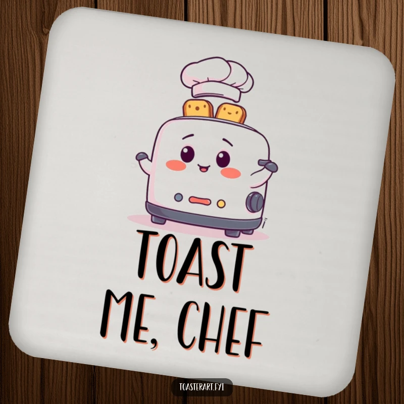 Funny Coaster depicting a toaster chef in a hat, juggling toast slices with playful skill, protecting surfaces with humor.