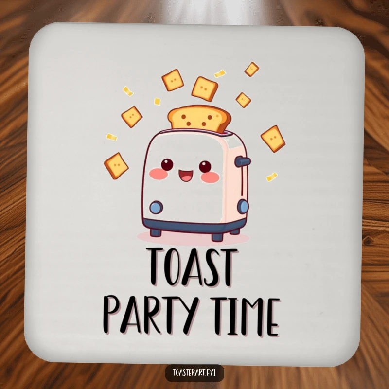 Funny cheerful toaster character ejecting toast slices like confetti, drink coaster, adding a fun and festive element to any surface.
