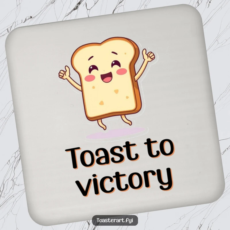 Funny coaster set featuring a thrilled bread slice character doing a victory dance, humorous table protection.