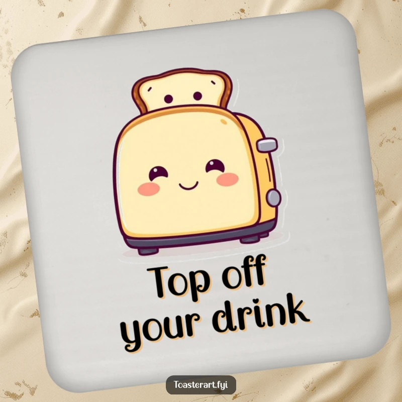 Funny coaster set with smiling toaster characters wearing toast as hats, protecting surfaces with breakfast fashion humor.