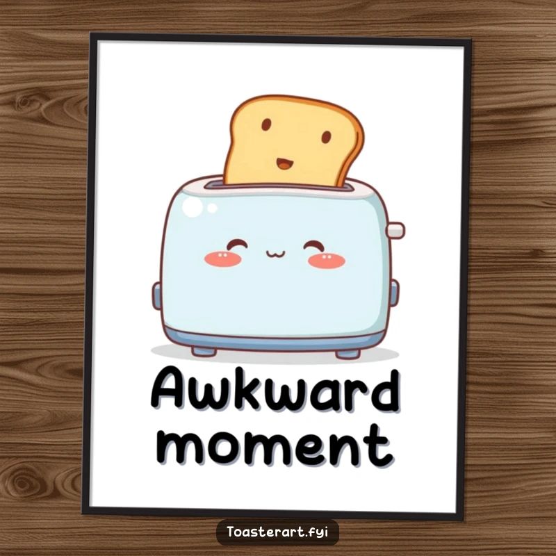 Funny Poster: Cute toaster character blushes deeply as toast pops out, a humorous and sweet wall art.
