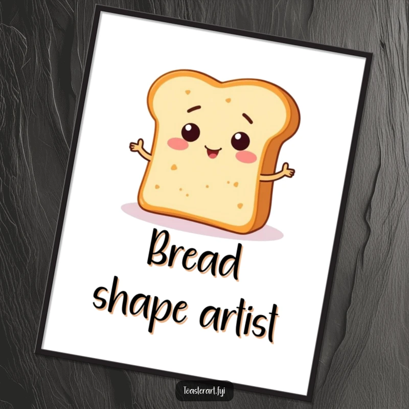 Funny Poster showcasing a smiling bread crumb character making a funny shape on bread, a humorous and charming piece of wall art.