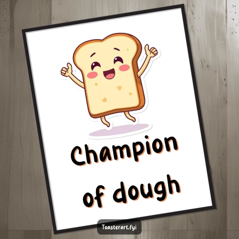Funny poster of a thrilled bread slice character doing a jubilant victory dance, energetic and humorous wall art.