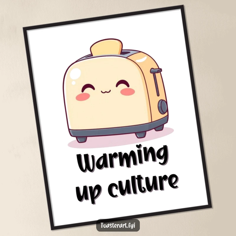 Funny Poster depicting a cheerful toaster character gently warming a small piece of art, adding artistic humor.