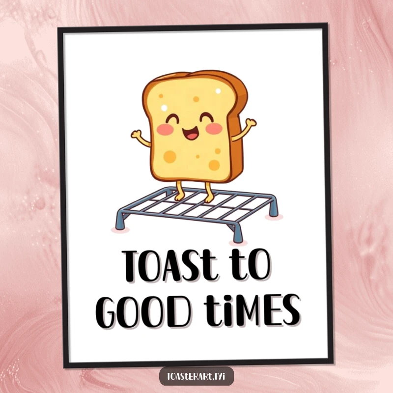 Funny poster art of a cheerful toast character doing a jig on a toasting rack, bringing breakfast dance joy.