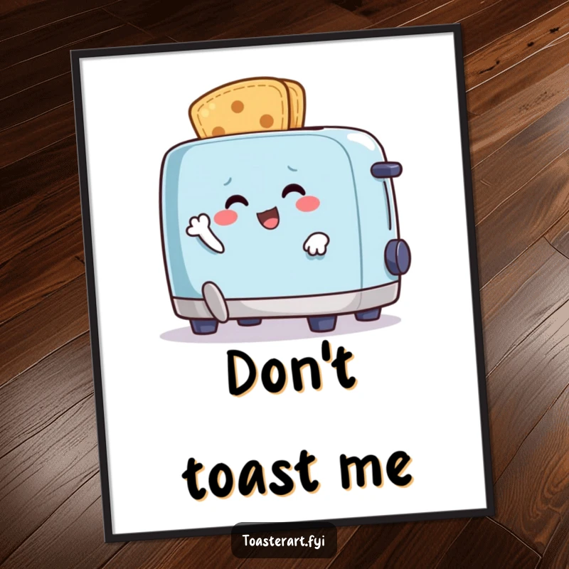 Funny poster art of a happy crumb character comically running from an animated toaster, bringing breakfast chase humor.