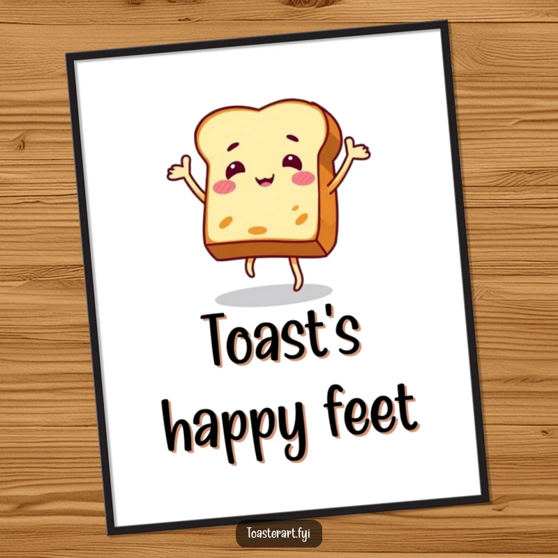 Funny poster of a jovial piece of toast character performing an energetic dance, spreading happiness and breakfast cheer.