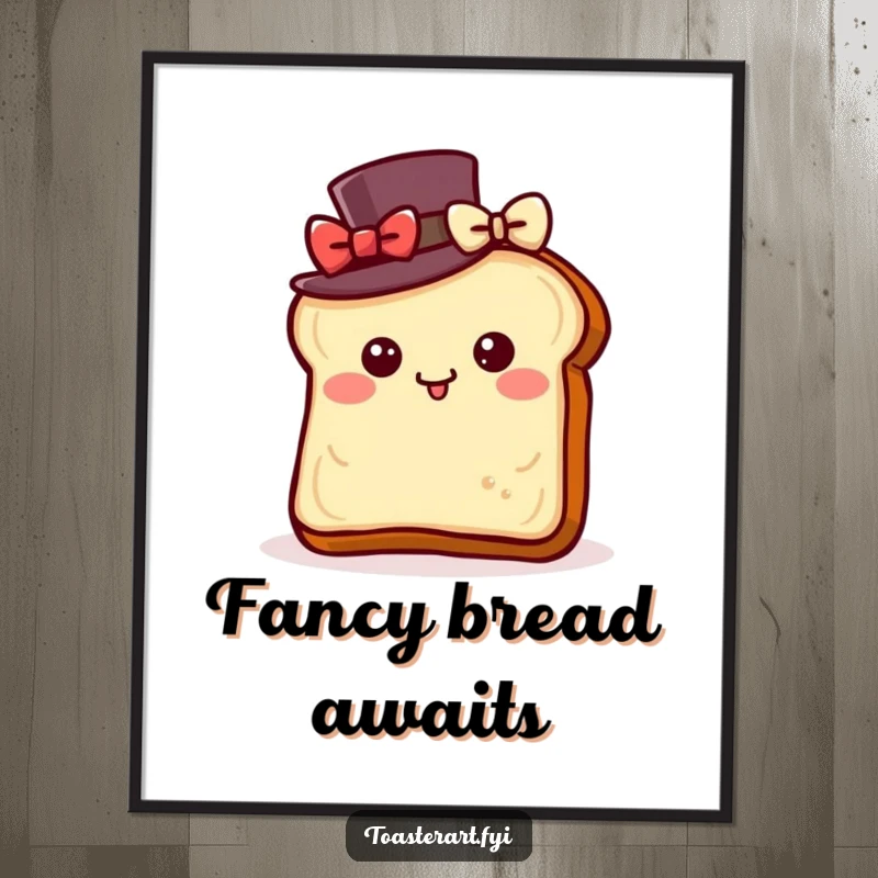 Funny poster of a toast slice wearing a top hat, bowing with delight, bringing refined and humorous breakfast art to your decor.