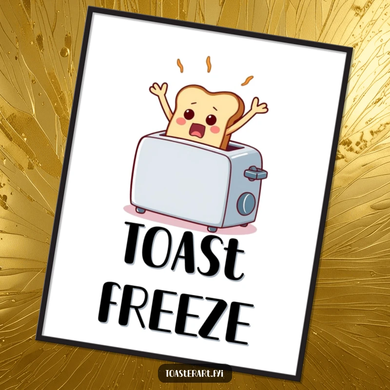 Funny poster of a scared piece of toast comically frozen mid-air from a toaster, a humorous and dramatic breakfast illustration.