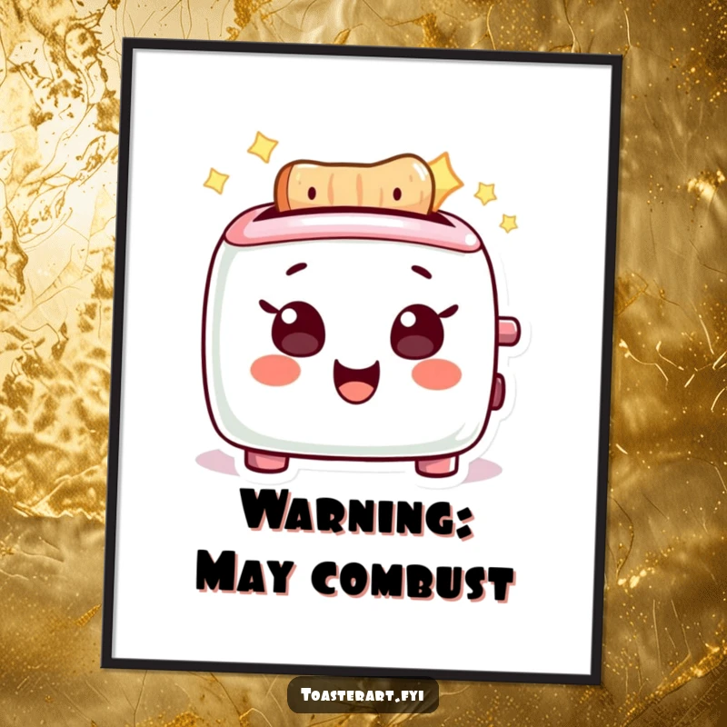 Funny Poster: A delighted toaster character glows brightly, radiating pure happiness and warmth, perfect wall art.