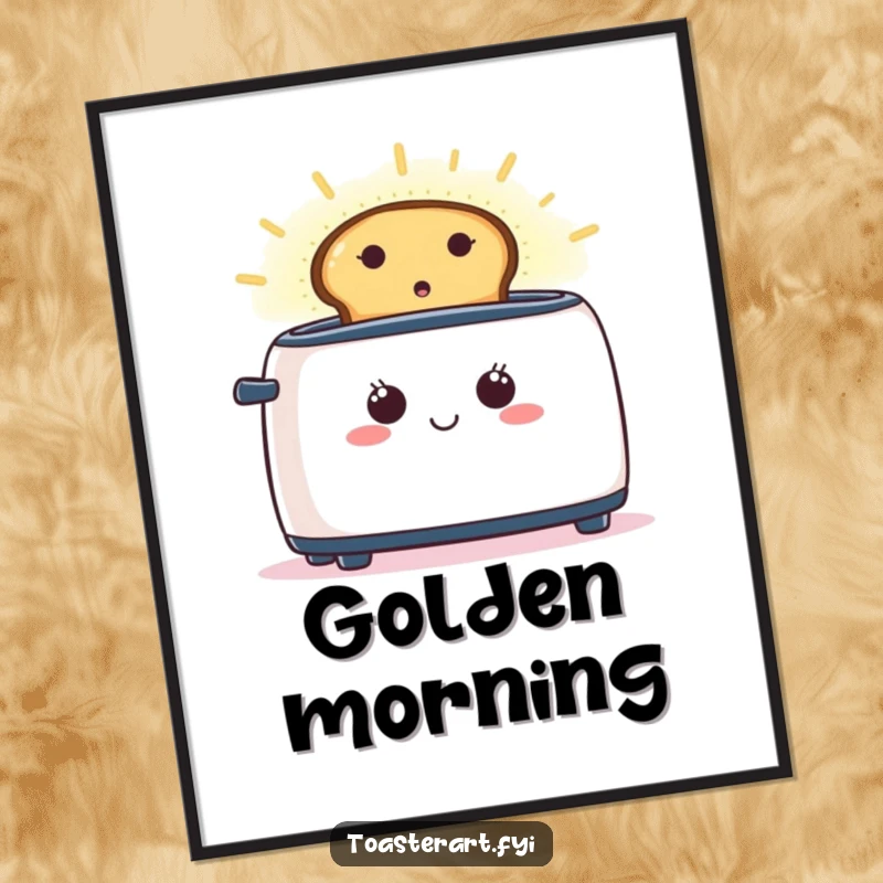 Funny poster art of a smiling toaster with toast creating a vibrant, glowing aura, celebrating breakfast.