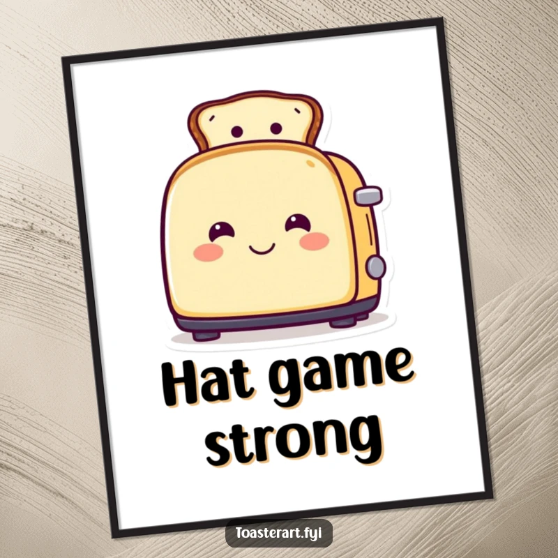Funny poster of a smiling toaster character wearing toast as a hat, bringing quirky breakfast fashion art to any room.