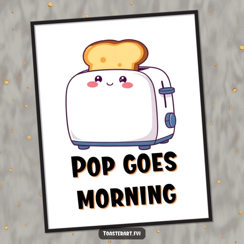 Funny poster showcasing a giggling piece of toast character popping energetically out of a toaster, adding breakfast cheer.