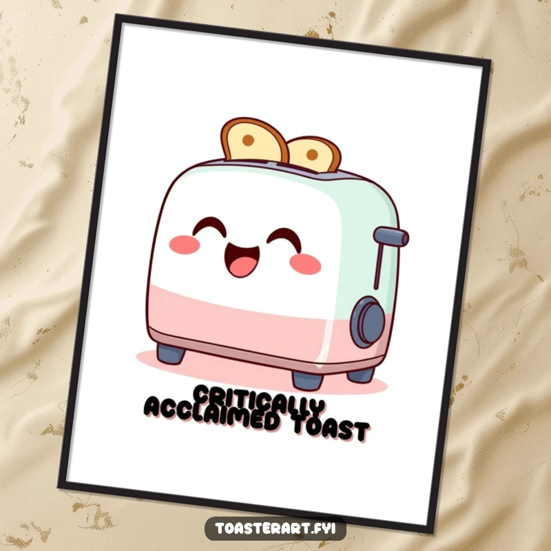 Funny poster of a giggling toaster character artistically making toast art with its slots, decorative wall art.