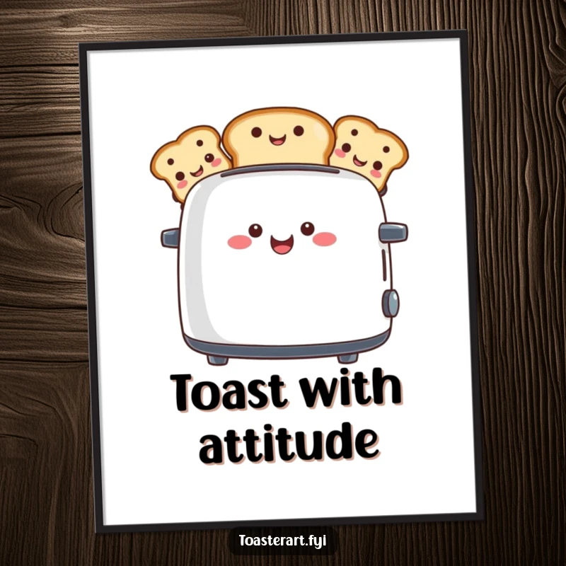 Funny poster art depicting a happy toaster character popping up toast slices, each with a distinct and amusing face.