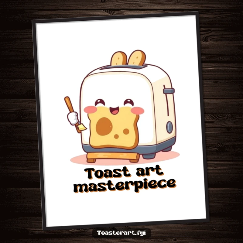 Funny poster depicting a happy toaster artistically painting pictures using toast, a whimsical and humorous piece of wall art.