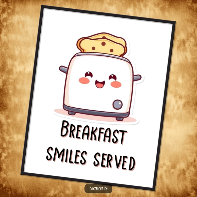 Funny toaster poster depicting a happy character popping up smile-shaped toast, a cheerful and funny gift.