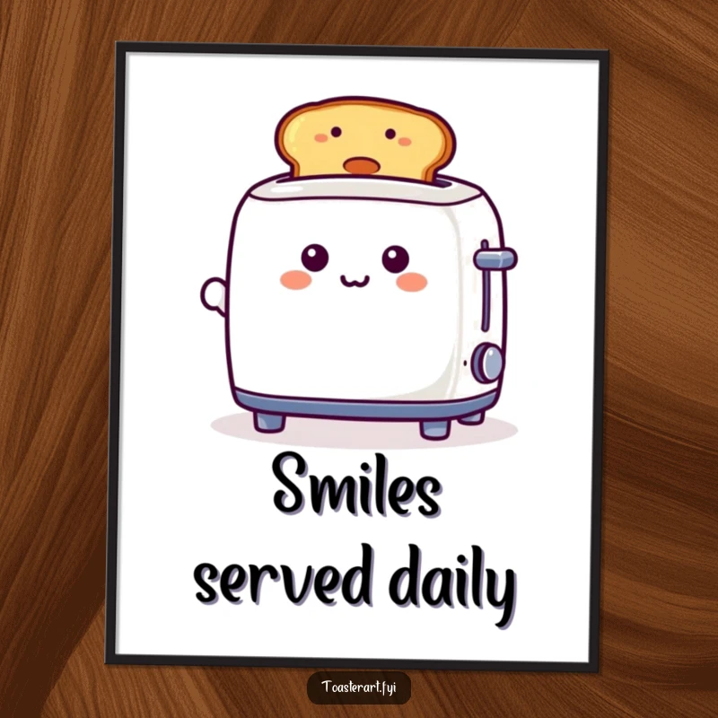 Funny, playful toaster character holding up a toast with a smiley face on a poster, adding cheerful breakfast art to any room.