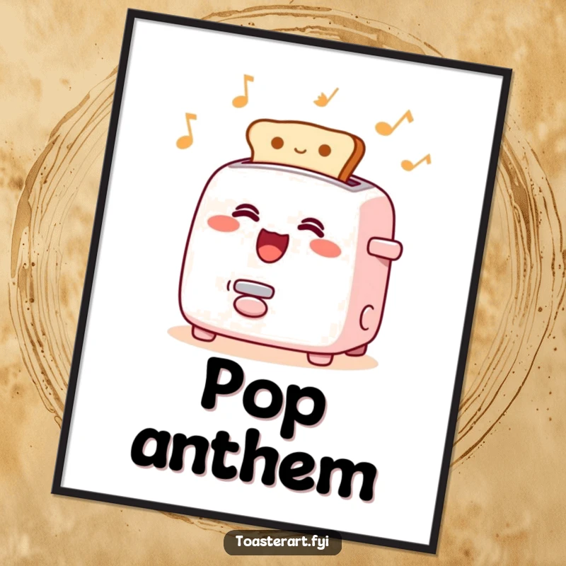 Funny poster with a happy singing toaster character and rhythmically popping toast, a lively and musical piece.