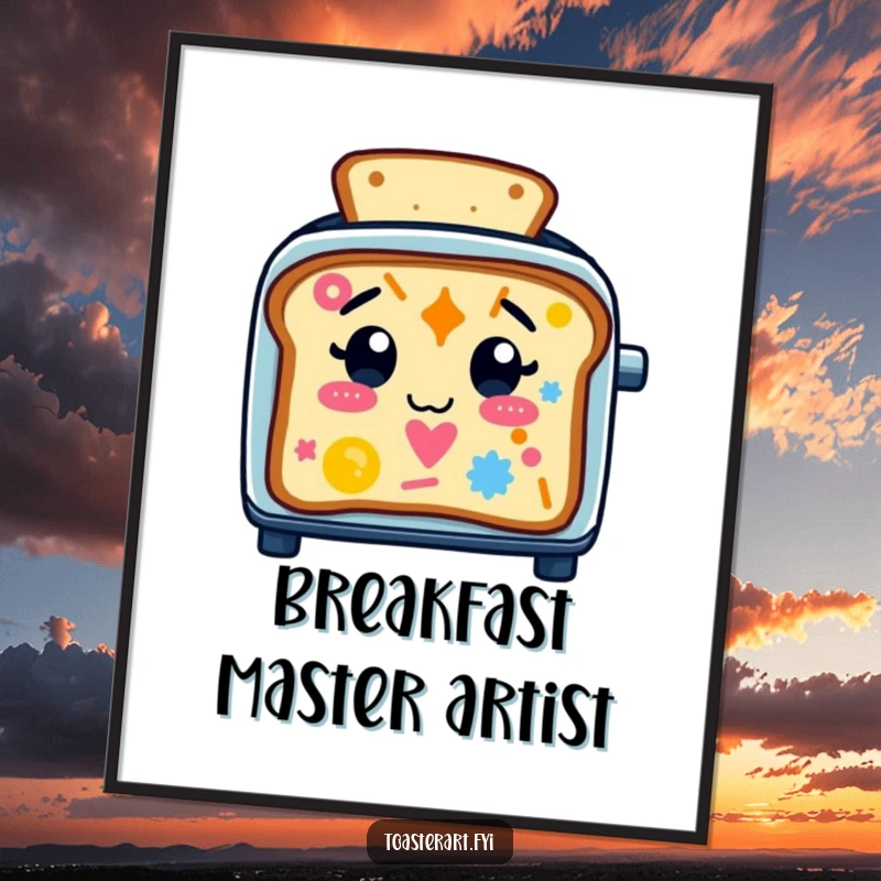 Funny Poster of a cheerful toaster character making colorful, abstract patterns on toast, a delightful and humorous piece of wall art.