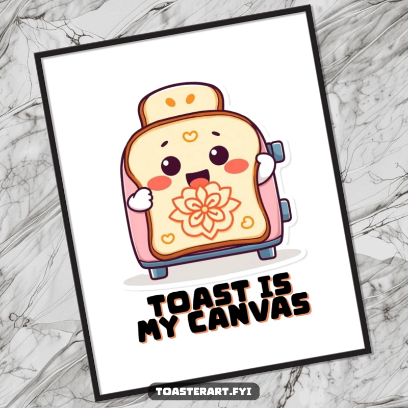 Funny poster of a cheerful toaster character playfully creating intricate designs on toast, adding a touch of whimsical kitchen humor.