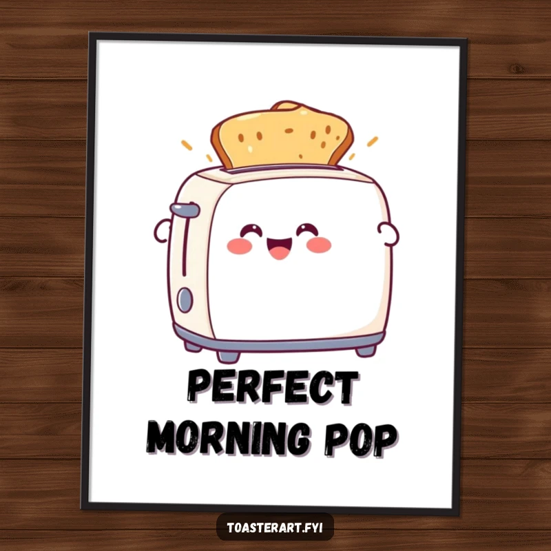 Funny poster of a happy toaster character joyfully ejecting golden-brown toast. A fun piece of kitchen wall art.