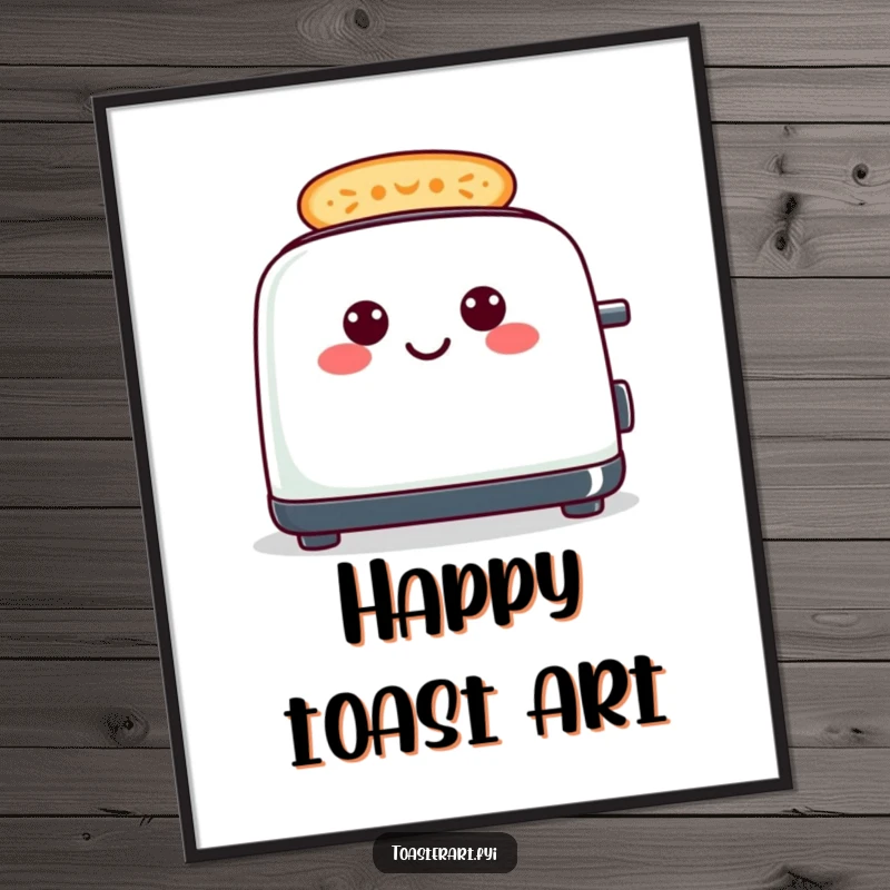 Funny cheerful toaster poster, toast forming happy smiley faces, humorous wall decor.