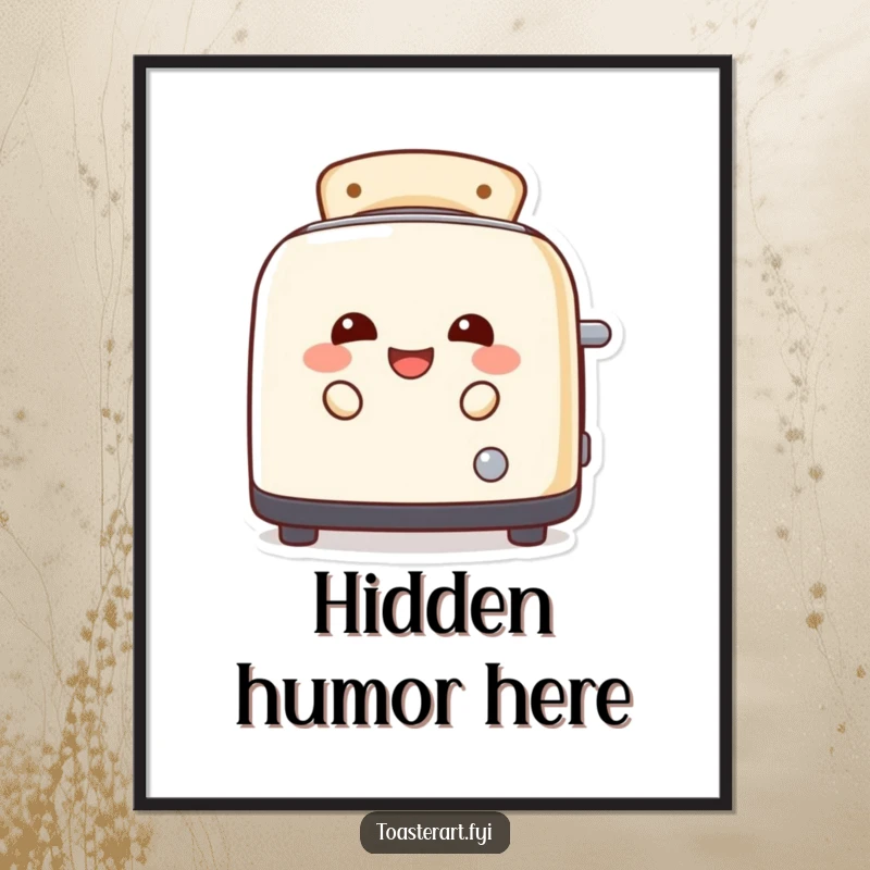 Funny toaster character laughing and peeking out from toast slots on a poster, adding quirky humor to wall decor.