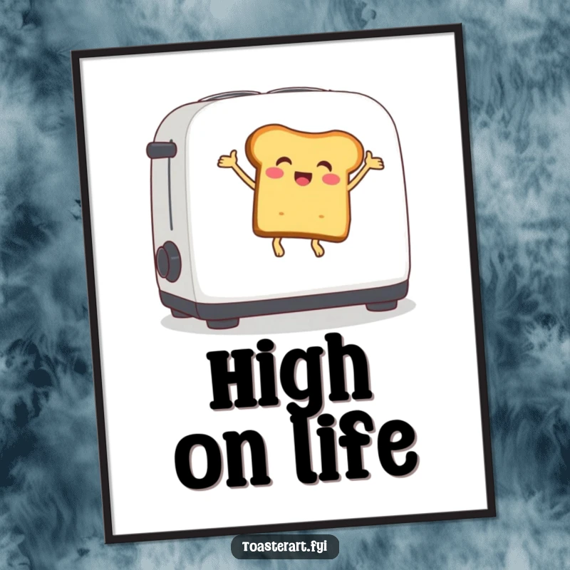 Funny poster of a delighted bread slice character joyfully bouncing on a toaster lever, adding whimsical breakfast art.