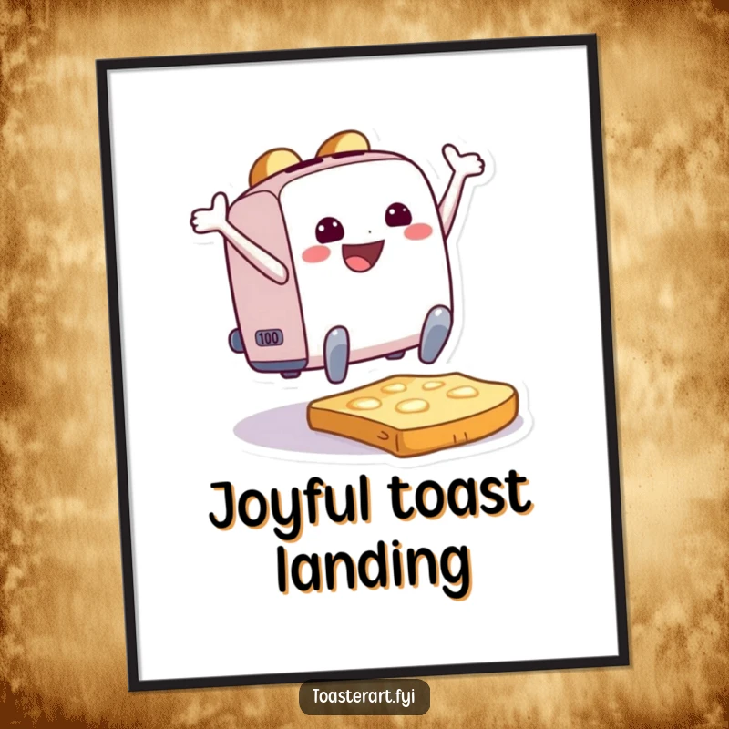 Funny Poster of an ecstatic toaster character making a triumphant leap onto a slice of toast, celebrating breakfast with glee.