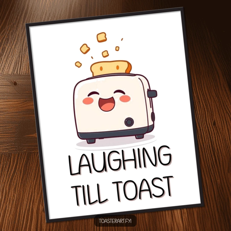 Funny Poster print of a toaster character in fits of laughter as toast is ejected, creating a humorous scene.