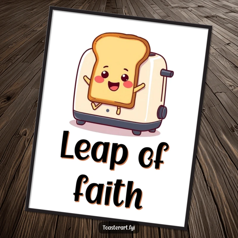 Funny Poster: Comical cartoon toast comically leaps out of a toaster, a joyful and humorous wall decoration.