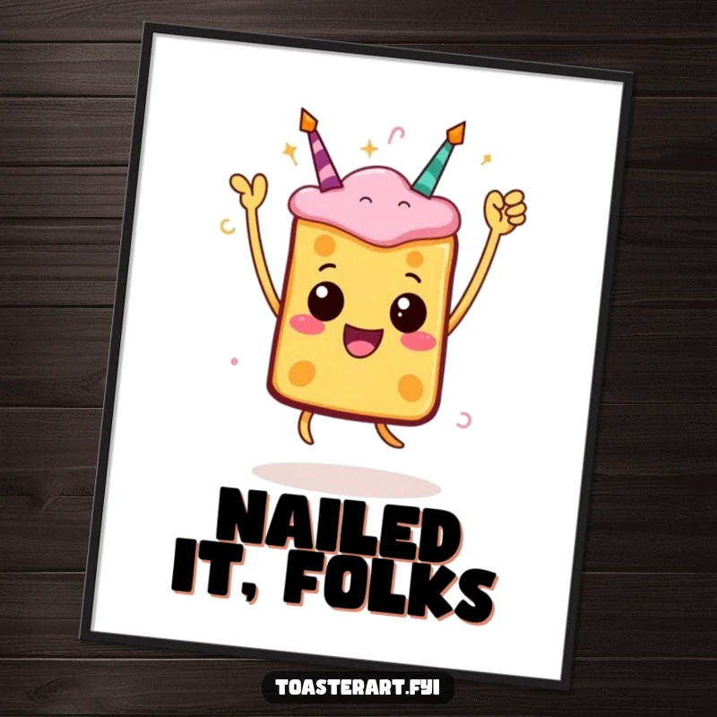 Funny toast poster depicting a character jumping in a celebratory pose, adding energetic and joyful humor to wall decor.
