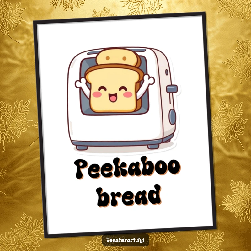 Funny poster of a delighted toast character waving from inside a toaster, cheerful and humorous wall decor.