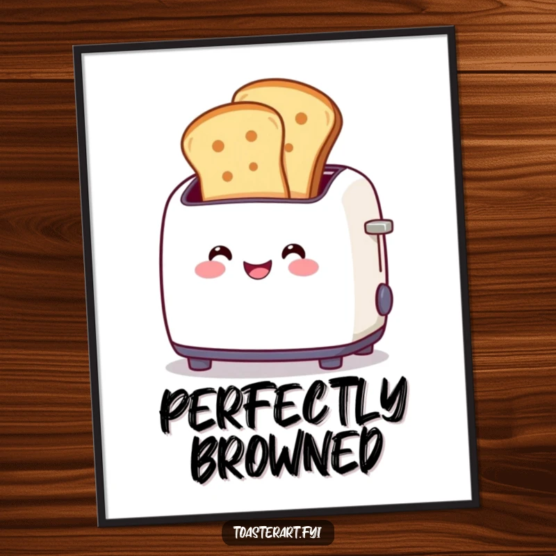 Funny poster print of a smiling toaster character enthusiastically ejecting two perfectly browned toast slices, celebrating breakfast.