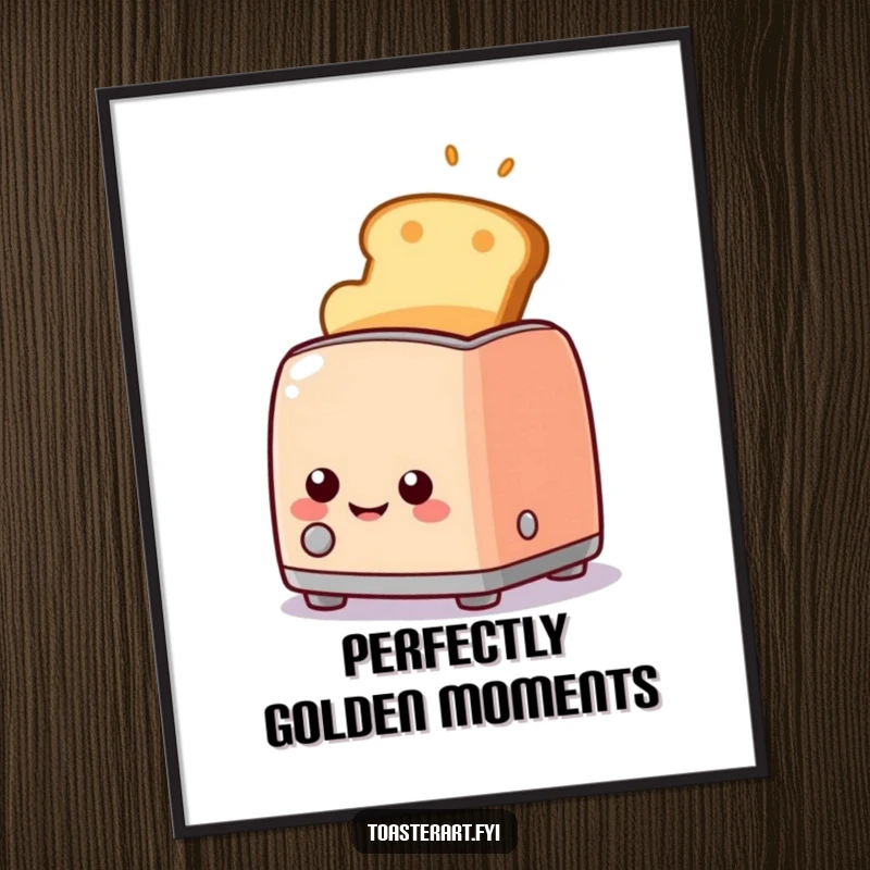 Funny happy toaster character popping up golden toast with a wide smile, wall art poster, bringing breakfast cheer to any room.