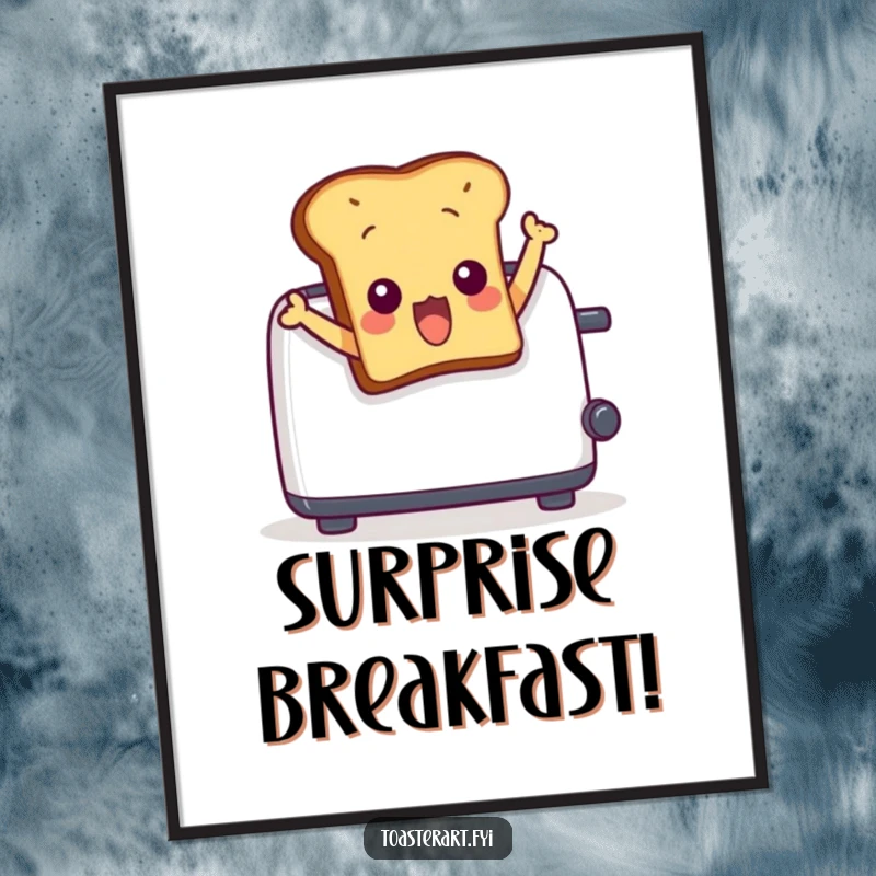 Funny poster of a startled toast character comically leaping out of a toaster. Dynamic and humorous wall art.