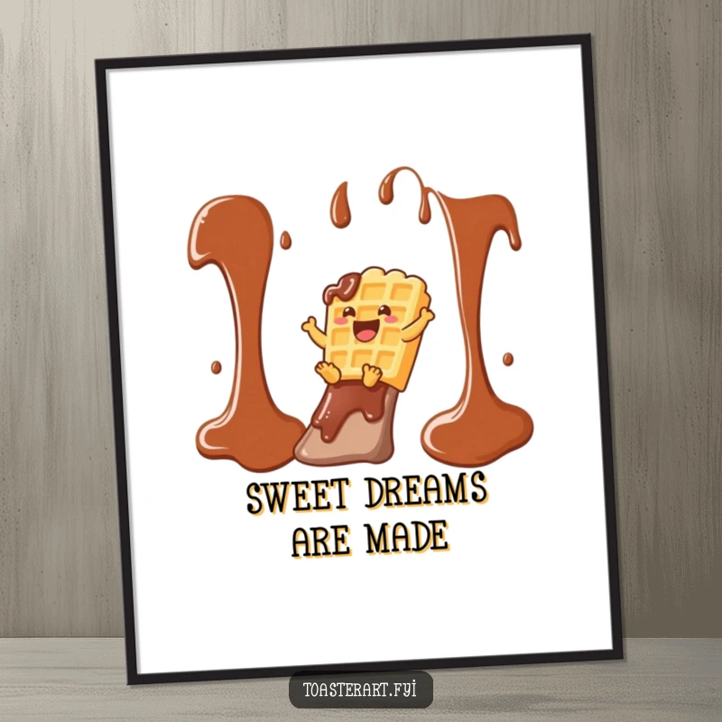 Funny waffle character joyfully sliding down a chocolate syrup slide, presented as humorous wall art on this poster.