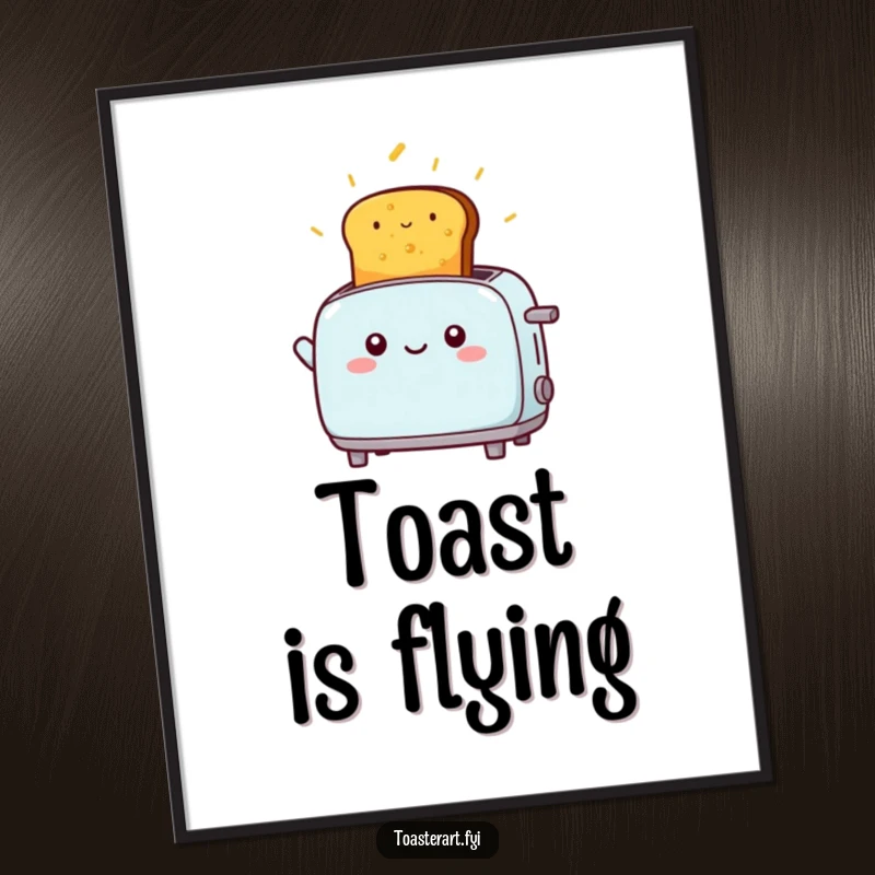 Funny kawaii toaster character launching golden toast high into the air, joyful and funny poster art.