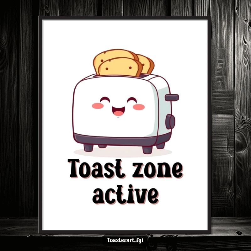 Funny smiling toaster character toasting multiple bread slices simultaneously, humorous breakfast wall art.