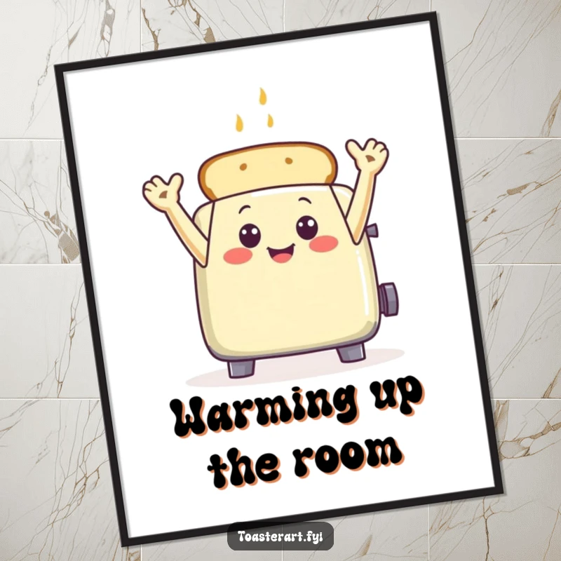 Funny toaster character waving with toast arms, a cheerful and humorous poster for wall decoration.
