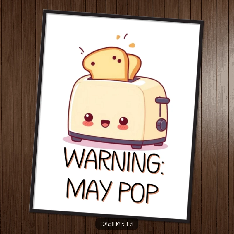 Funny surprised toaster poster with toast flying out unexpectedly, a humorous piece of wall art for any room.