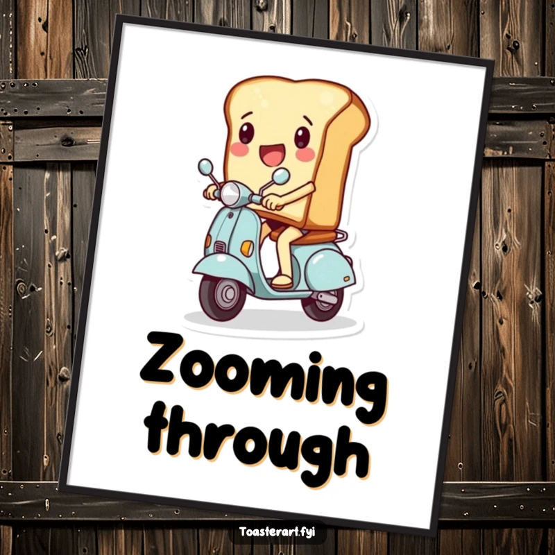 Funny poster print of a slice of toast character riding a miniature scooter with excitement, celebrating speed and breakfast joy.